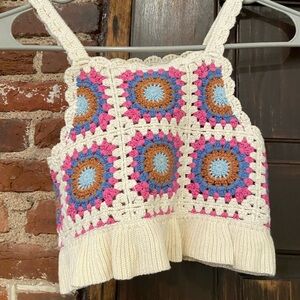 Crochet Knit Tank Top with Colorful Squares